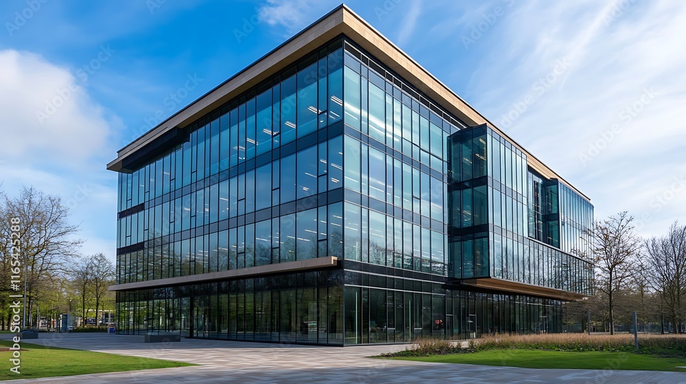 Modern glass office building with clear blue sky background Modern glass office building with clear blue sky background