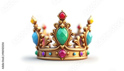 3D render of a jeweled crown icon featuring colorful gemstones and ornate detailing, isolated on a white background create with ai
