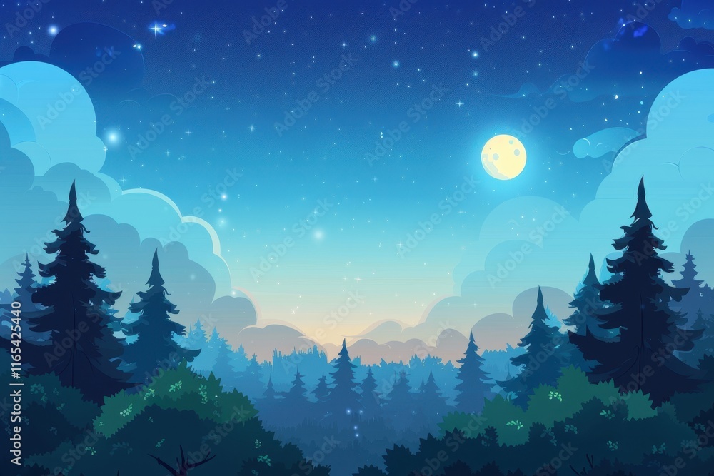 Naklejka premium Silhouetted Pine Trees Against a Night Sky with a Full Moon