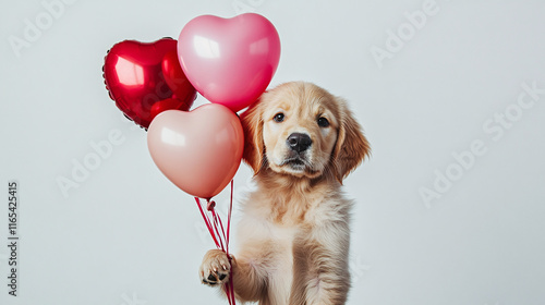 dog pup with heart shaped balloons - Love and valentine concept. 