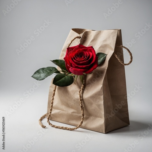 A single red rose and a luxurious gift bag captured on a pure white background.