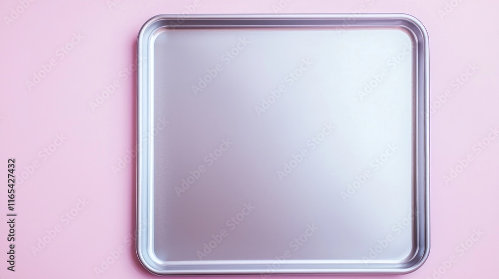 A clean, empty metal tray on a pastel pink background. A clean, empty metal tray on a pastel pink background.