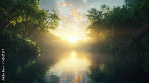 Sun Rising Over a Serene Lake - Generative AI