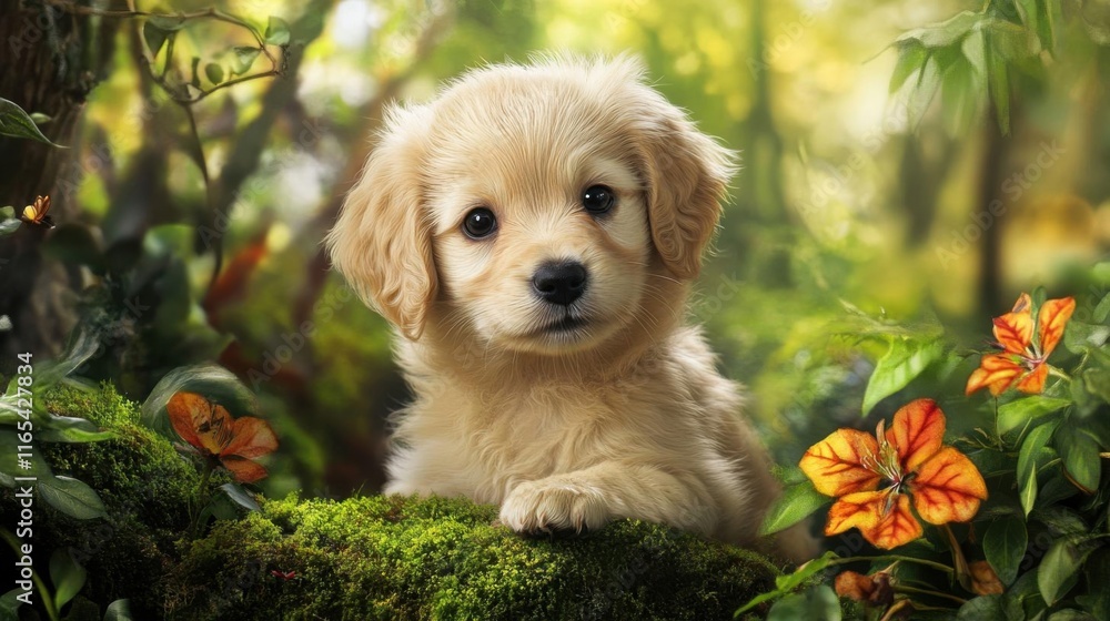 Golden Retriever Puppy in a Lush Forest Golden Retriever Puppy in a Lush Forest