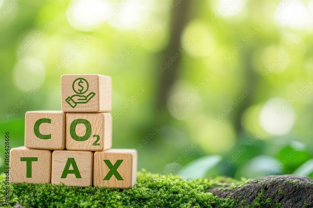 Concept of carbon taxation represented by wood blocks spelling CO2 and TAX placed on a natural green moss surface, symbolizing environmental conservation and sustainable finance initiatives.
