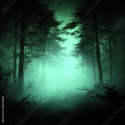 Eerie green fog in a dark forest.