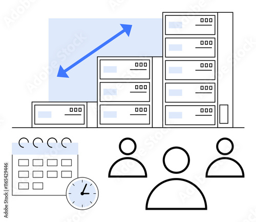 Server stacks with upward arrow, team icons, calendar, and clock represent data growth, teamwork, organization, and efficiency. Ideal for tech, business analytics cloud collaboration