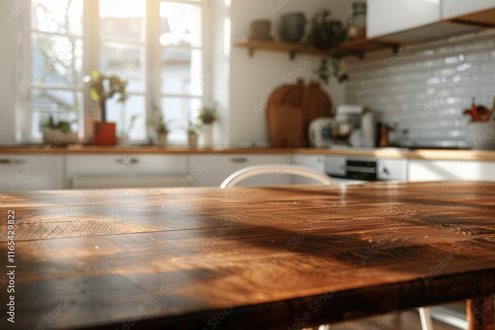 Sunlit rustic wooden kitchen table in a bright, minimalist kitchen with blurred background. Sunlit rustic wooden kitchen table in a bright, minimalist kitchen with blurred background.