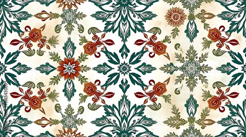 Intricate Floral Pattern: A mesmerizing tapestry of intricate floral motifs in vibrant hues of red, green, and blue, arranged in a symmetrical pattern.