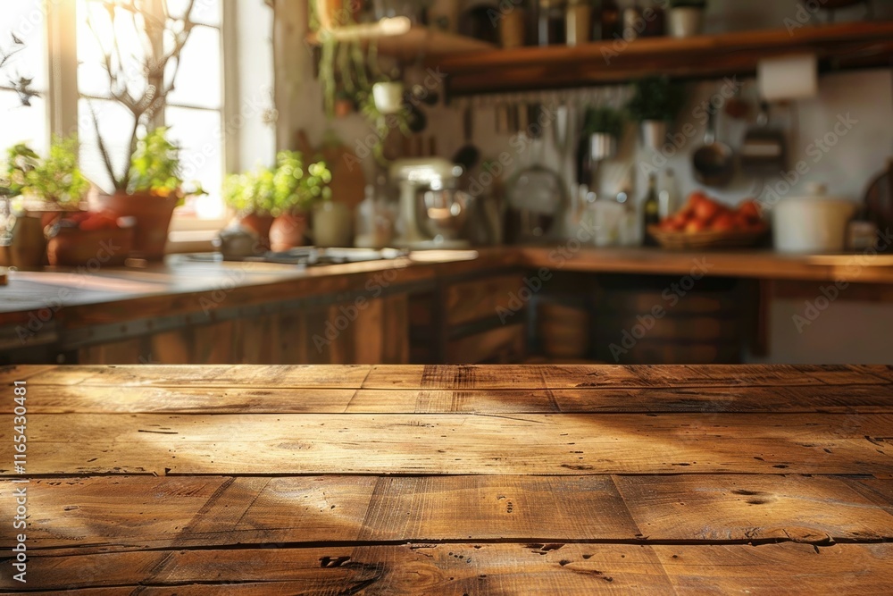 blurred kitchen interior and wooden desk space home background blurred kitchen interior and wooden desk space home background