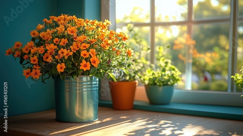 Vibrant Orange Flowers in Beautiful Green Pots on a Windowsill Illuminated by Soft Natural Light in a Cozy Indoor Setting