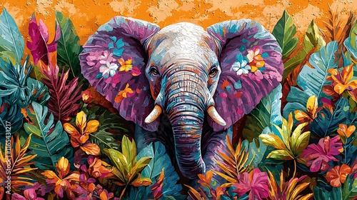 Vibrant Elephant Amidst Lush Tropical Foliage photo