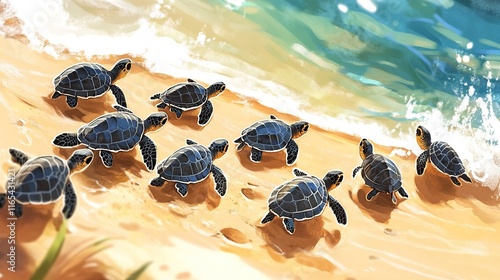 A group of sea turtles hatching on a sandy beach, their tiny bodies scrambling toward the ocean.