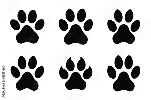 Dog or cat paw print silhouette set vector illustration, Collection of Animal footprint	