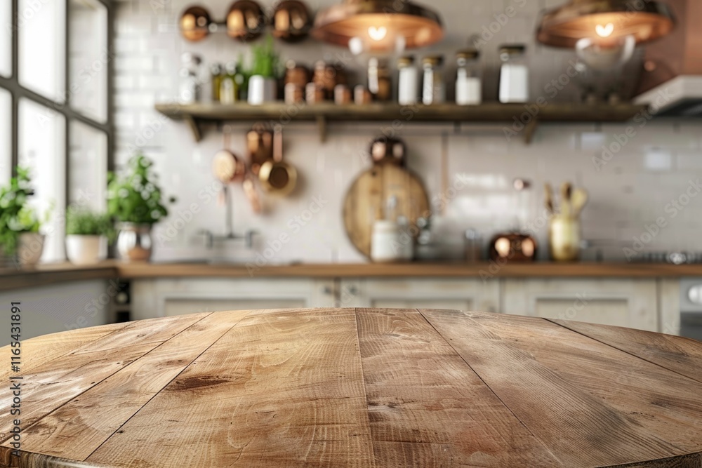 Rustic kitchen with wooden table, copper pots, and shelves filled with jars and herbs. Rustic kitchen with wooden table, copper pots, and shelves filled with jars and herbs.