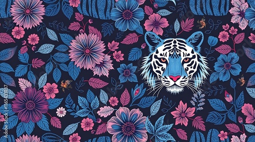 Blue Tiger Floral Pattern: A captivating, seamless pattern featuring a majestic white tiger head, adorned with vibrant blue, pink, and purple floral elements. photo