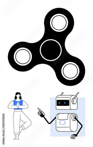 Robot pointing woman meditating in tree pose, and black and white fidget spinner. Ideal for technology, meditation, balance, focus, mindfulness, robotics, and stress relief. Line metaphor