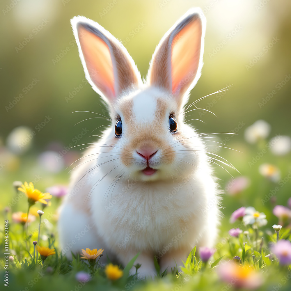 Fototapeta premium Charming Portrait of an Adorable Rabbit Surrounded by Colorful Spring Flowers in a Serene Meadow