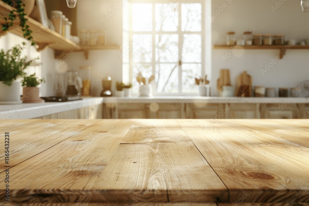 Sunny kitchen with wooden table, showcasing rustic shelves and natural light. Sunny kitchen with wooden table, showcasing rustic shelves and natural light.