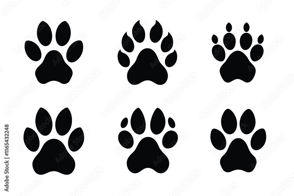 Fototapeta premium Dog or cat paw print silhouette set vector illustration, Collection of Animal footprint 