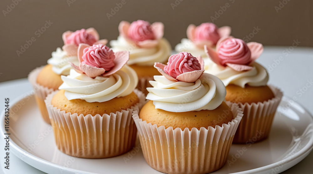 Plate of six cupcakes with white frosting and floral decorations, placed on a white table. Plate of six cupcakes with white frosting and floral decorations, placed on a white table.