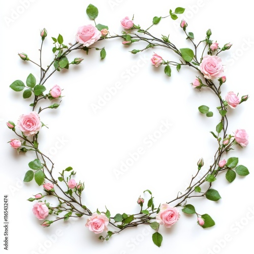 Roses, pink buds, leaves wreath on isolated white