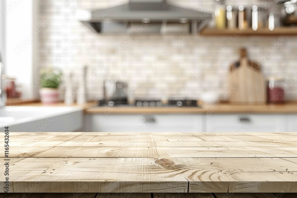 empty table board and defocused modern kitchen background. product display concept empty table board and defocused modern kitchen background. product display concept
