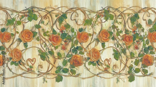 Faded vintage roses with heart-shaped leaves create a delicate repeating pattern on a soft background