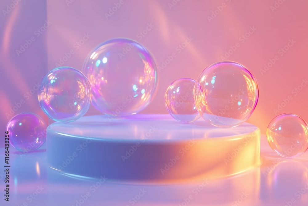 Pastel Dreams: A circular platform bathed in soft, iridescent light, adorned with shimmering, translucent bubbles. A captivating backdrop for product displays. Pastel Dreams: A circular platform bathed in soft, iridescent light, adorned with shimmering, translucent bubbles. A captivating backdrop for product displays.