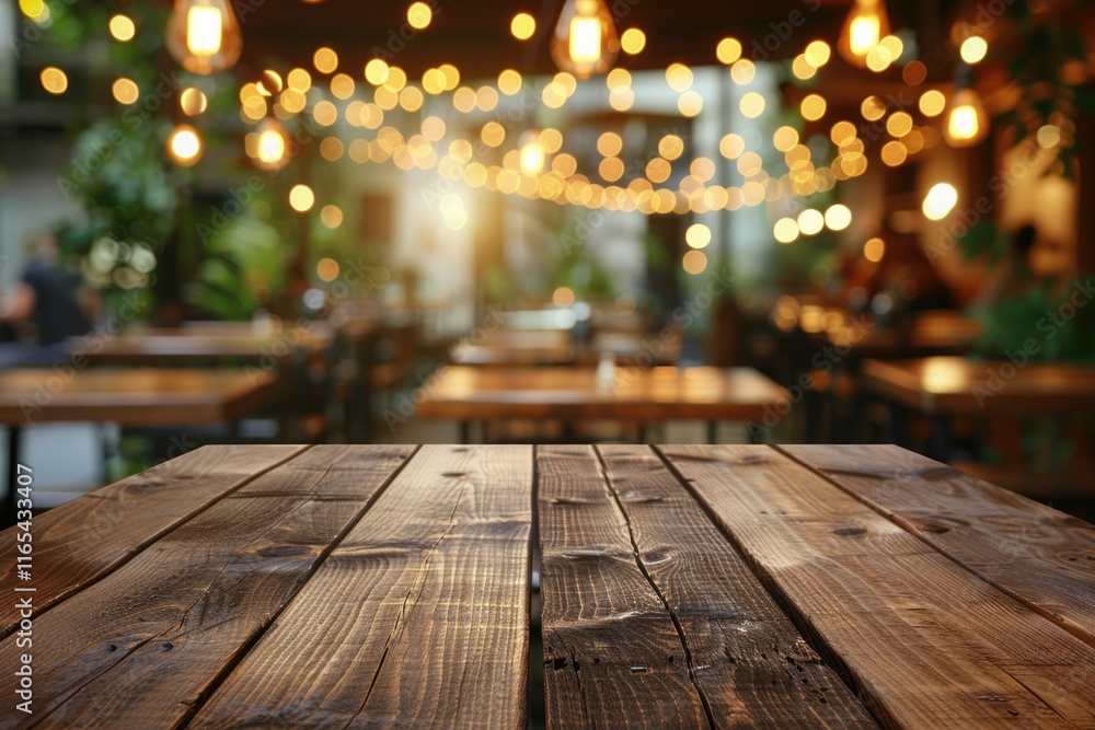 Rustic wooden table in a blurry background of a cozy outdoor restaurant with warm string lights. Rustic wooden table in a blurry background of a cozy outdoor restaurant with warm string lights.