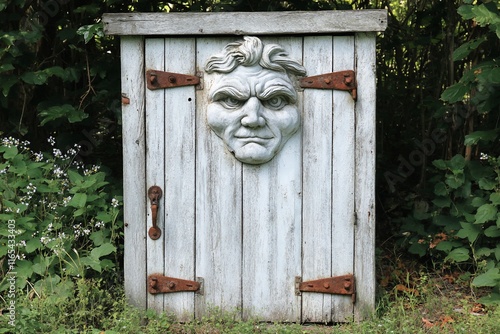 Weathered wooden door with carved stone face. photo