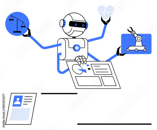 Robot balancing justice, health, tech, and data on multiple hands. Ideal for AI, automation, multitasking, innovation, futuristic tech productivity abstract line flat metaphor