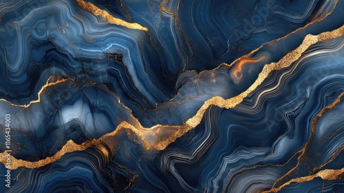abstract background blue marble agate granite mosaic with golden veins digital marbling illustration.