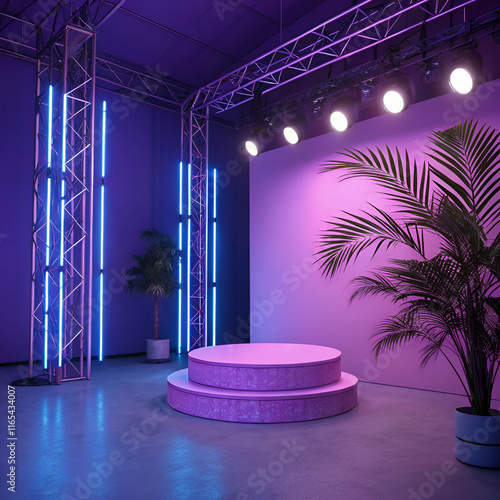 A vibrant purple digital backdrop with blue neon lights and a pink podium, creating a futuristic setting ideal for stock photo designs photo