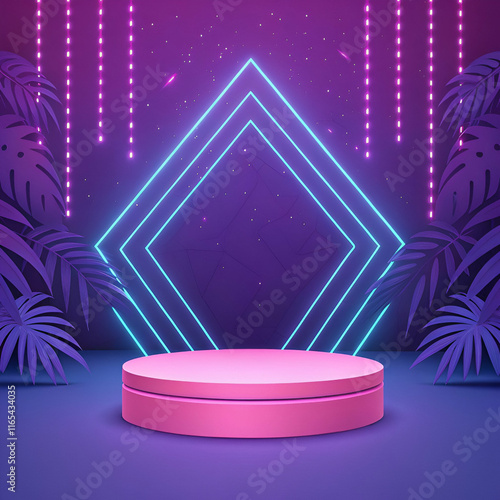 A vibrant purple digital backdrop with blue neon lights and a pink podium, creating a futuristic setting ideal for stock photo designs photo