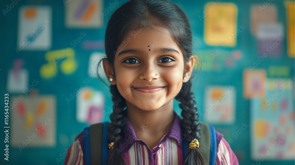A close-up captures an Indian girl with expressive eyes and a wide smile, her hair neatly braided and a school backpack on her back. She stands before a school board filled with art and music notes. A close-up captures an Indian girl with expressive eyes and a wide smile, her hair neatly braided and a school backpack on her back. She stands before a school board filled with art and music notes.