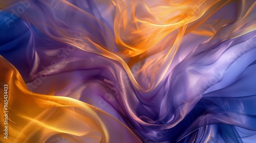 Smooth elegant orange and purple fabric flowing like waves creating an abstract wallpaper photo