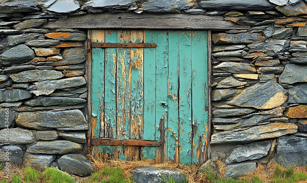 Weathered teal door in rustic stone wall. Weathered teal door in rustic stone wall.