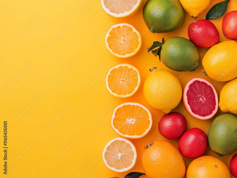 A vibrant arrangement of various citrus fruits on a bright yellow background. A vibrant arrangement of various citrus fruits on a bright yellow background.