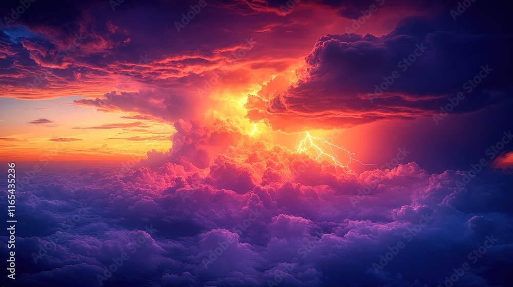 Fototapeta premium Dramatic sunset thunderstorm over clouds.