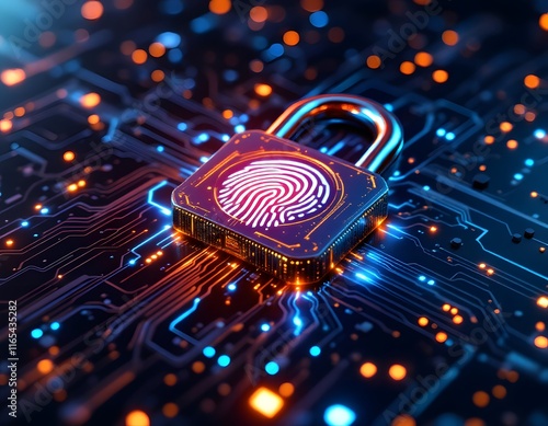 Cybersecurity: Glowing Fingerprint Lock on Circuit Board