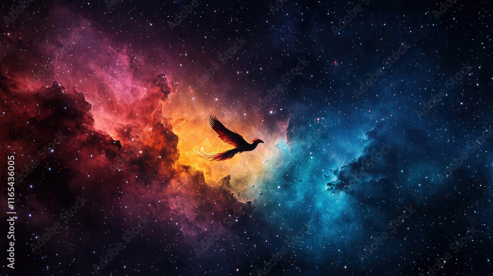 A vibrant cosmic scene featuring a silhouette of a bird flying through a colorful nebula with stars twinkling in the background. A vibrant cosmic scene featuring a silhouette of a bird flying through a colorful nebula with stars twinkling in the background.