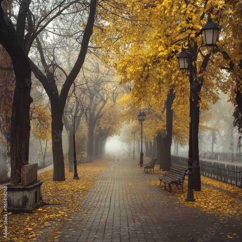 Park Alley shrouded in autumn mist, Kyiv photo