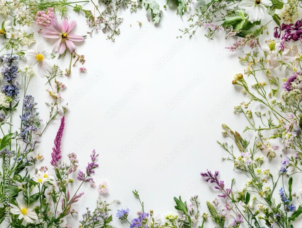 Flower frame on white surface Flower frame on white surface