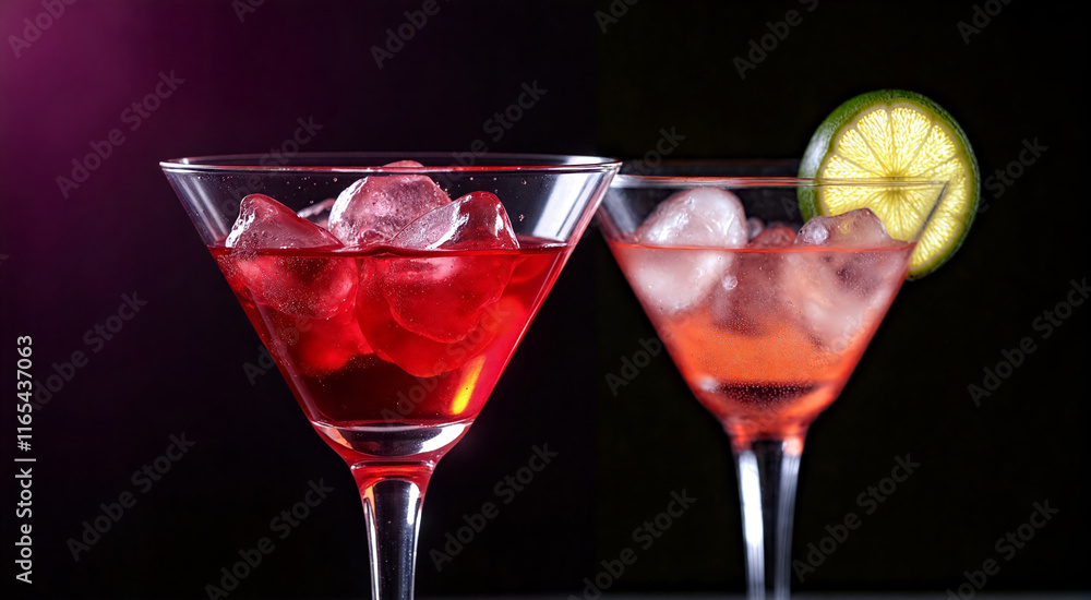 wo Refreshing Cocktails on a Dark Background. Cosmopolitan and strawberry daiquiri cocktails in martini glasses. wo Refreshing Cocktails on a Dark Background. Cosmopolitan and strawberry daiquiri cocktails in martini glasses.