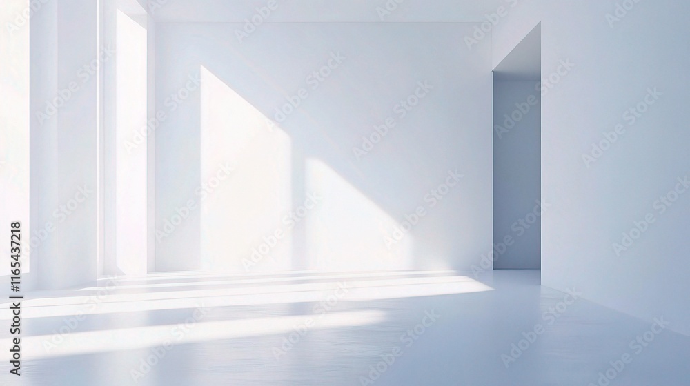 Obraz premium Sunlit Minimalism: A clean, modern interior with a minimalist aesthetic, bathed in soft, natural light streaming through large windows.
