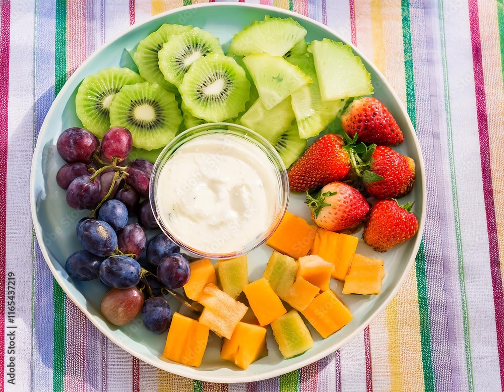 Delicious fruit platter with yogurt dip for kids' healthy breakfast Delicious fruit platter with yogurt dip for kids' healthy breakfast