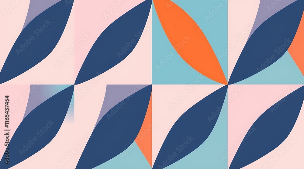 Fototapeta premium Abstract Geometric Pattern: A captivating blend of vibrant colors and geometric shapes creates a dynamic and modern design. This abstract pattern features a captivating interplay of navy, coral.