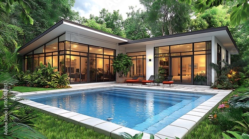 Wallpaper Mural Modern house with pool and lush garden. Torontodigital.ca