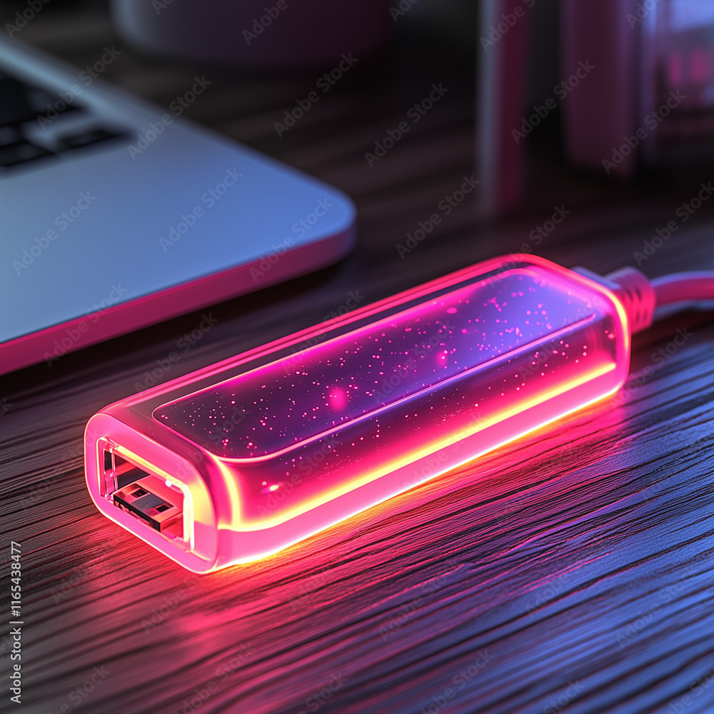Neon pink glowing USB device on a wooden desk Neon pink glowing USB device on a wooden desk